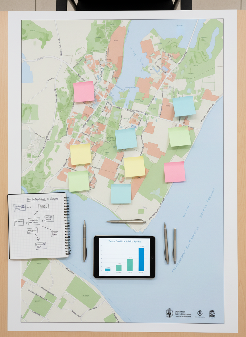 Una mesa de reunión municipal vista desde arriba, cubierta por un gran plano impreso de Telde, con barrios y zonas verdes claramente diferenciados por colores suaves, sin nombres legibles. Encima del plano hay post-its de tonos pastel, un cuaderno de espiral abierto con esquemas de participación vecinal, bolígrafos metálicos ordenados y una tablet mostrando un gráfico sencillo de barras sobre servicios públicos. La luz es clara y uniforme, como de sala de reuniones con amplios ventanales, generando un ambiente de trabajo sereno y analítico. Composición fotográfica de estilo documental, con nitidez en todos los elementos y un tono profesional que sugiere planificación y gobernanza local.